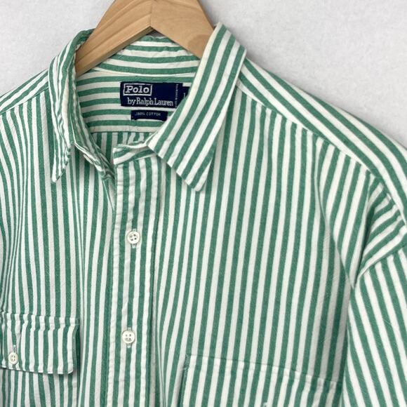POLO RALPH LAUREN Shirt Men L Awning Striped Canvas Cotton Button Up Green Vtg - Picture 2 of 13